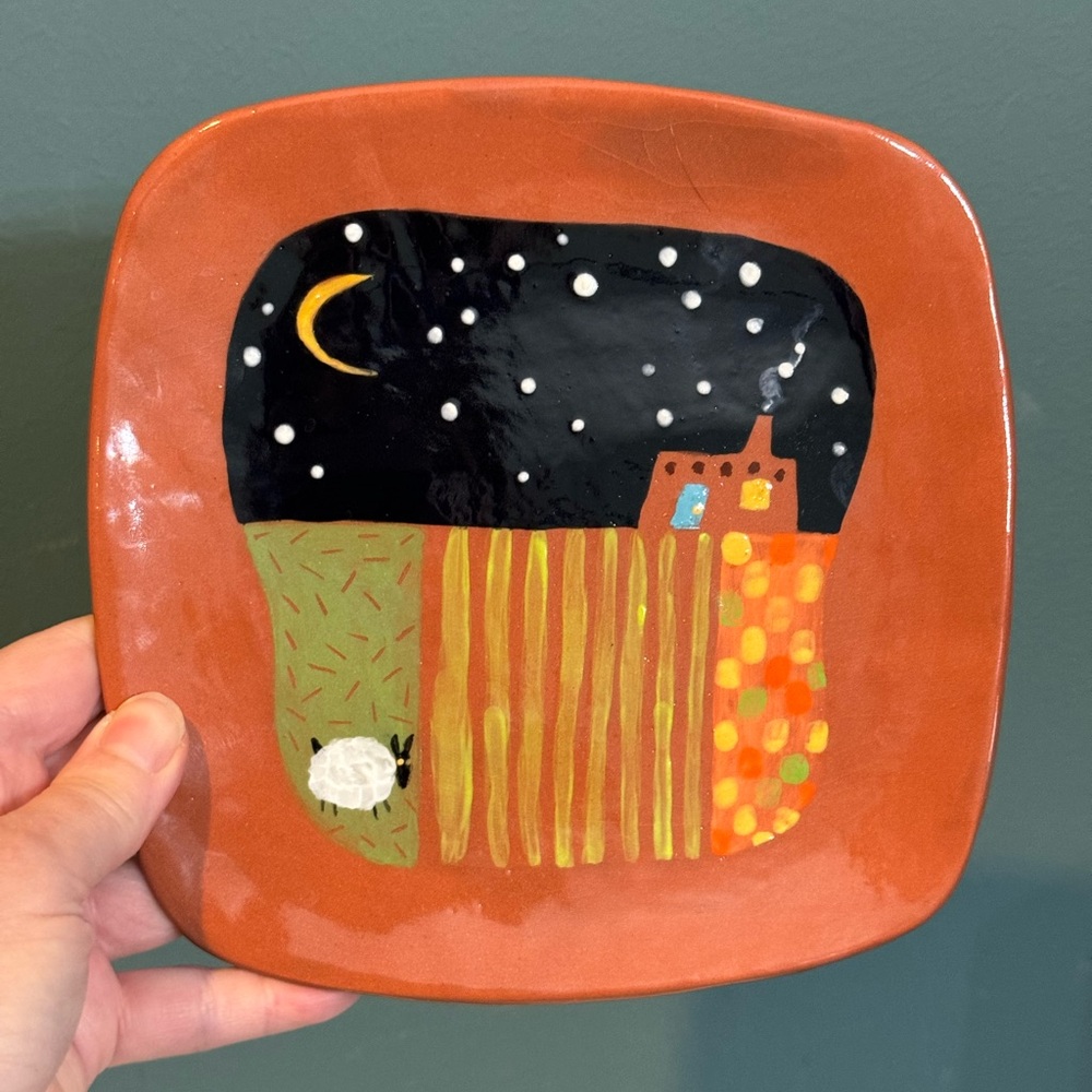 Kathryn Blackmun Pottery Colorful Ceramic Art Plate - whimsical sheep in fields